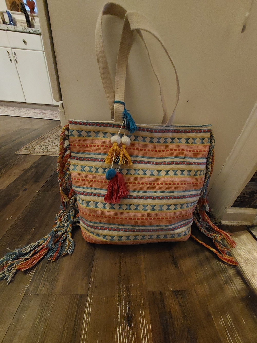 Striped Multicolor Canvas Tote with Tassel Accents